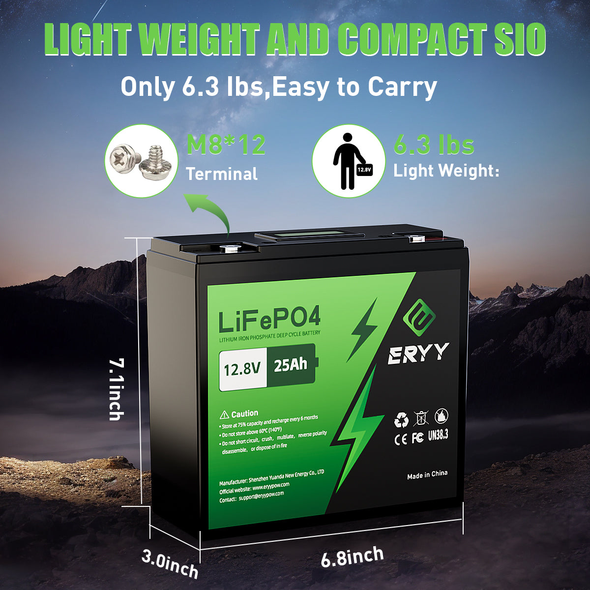 ERYY 12V 25AH LiFePO4 Battery LCD Screen