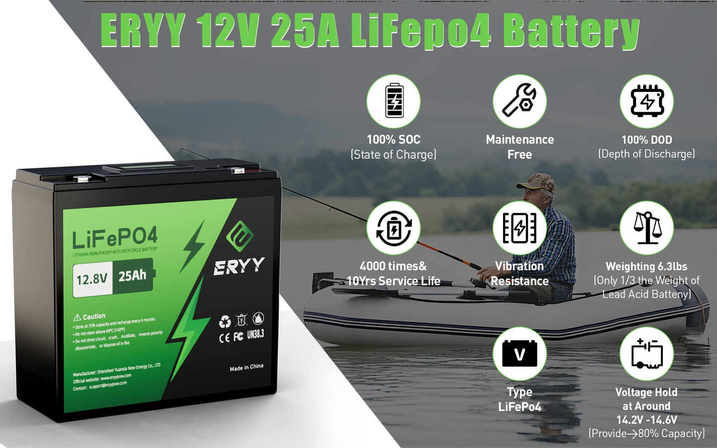 ERYY 12V 25AH LiFePO4 Battery LCD Screen