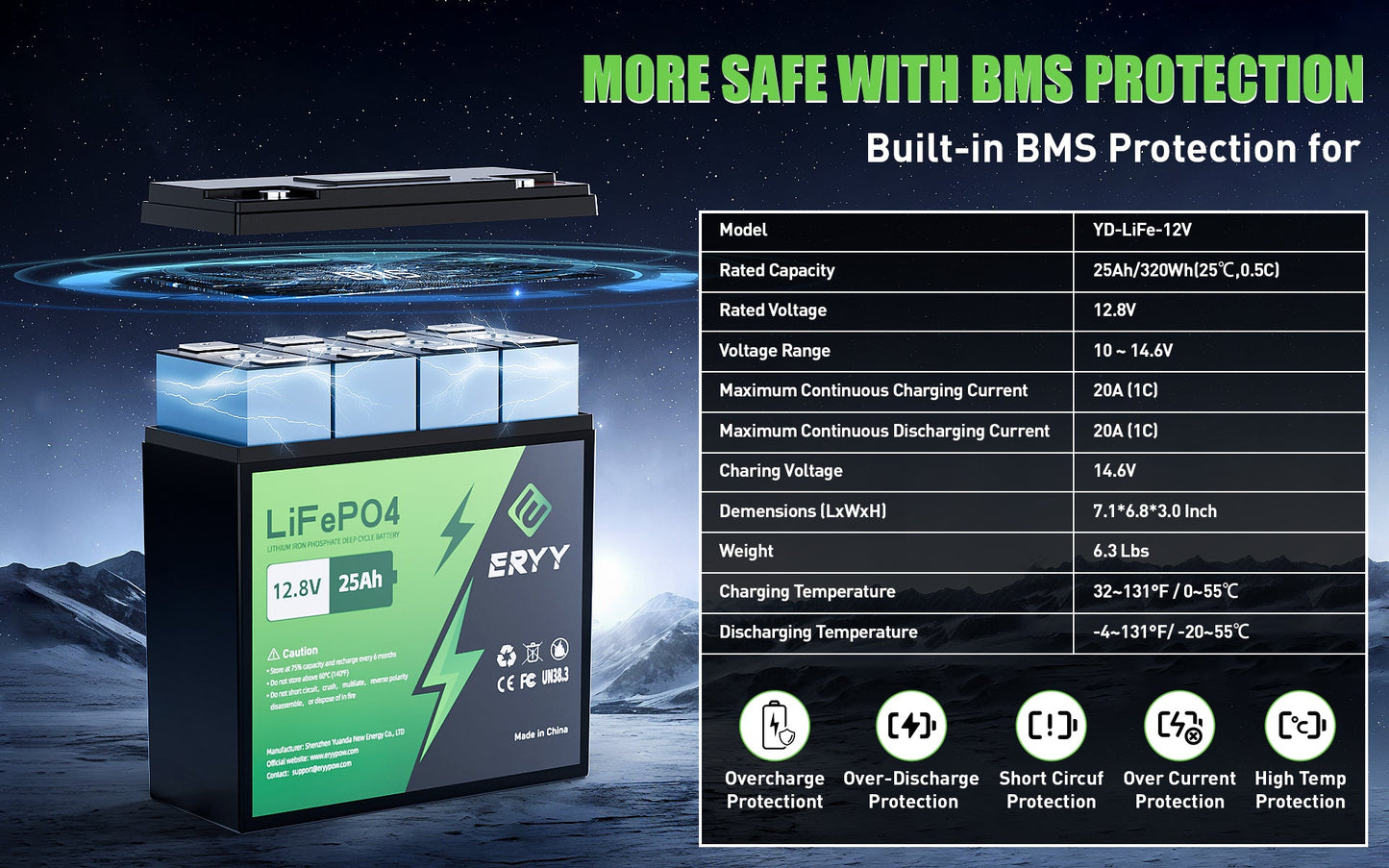 ERYY 12V 25AH LiFePO4 Battery LCD Screen